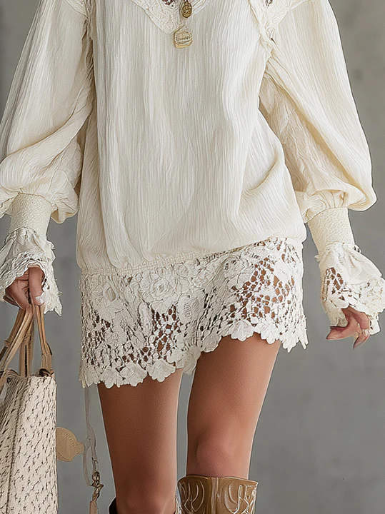 Ivory Mini Dress With Balloon Sleeves And Lace Hem Detailing