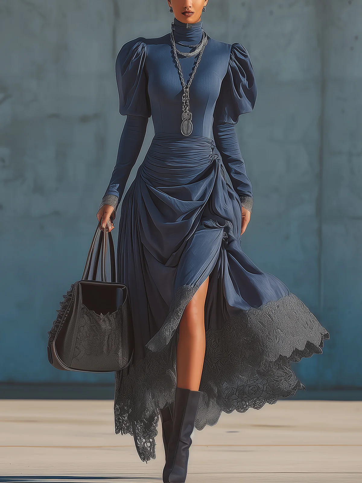 Navy High Neck Puff Sleeve Ruched Lace Hem Midi Dress