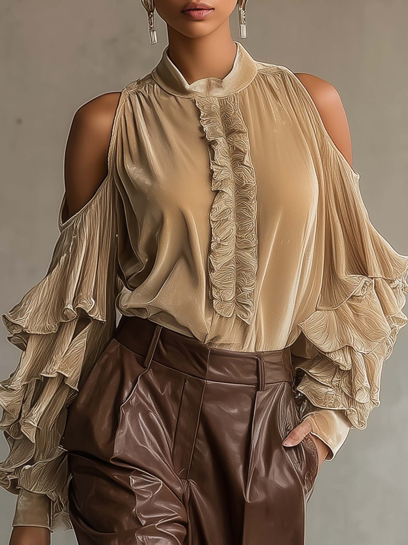 Oatmeal Velvet Cold Shoulder Ruffle Sleeve Shirt