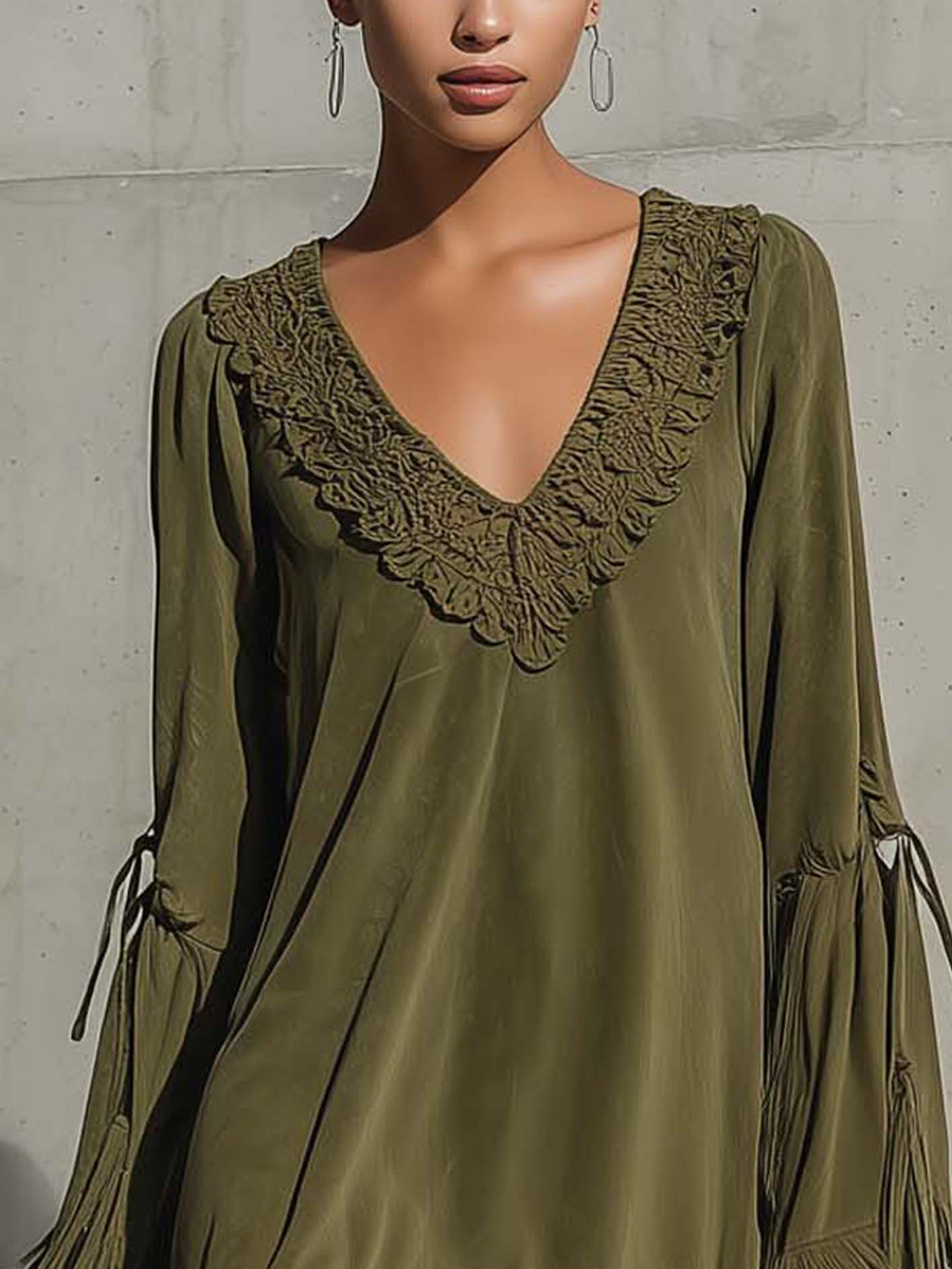 Olive Green Faux Suede Lace Trim Tassel Mini Dress