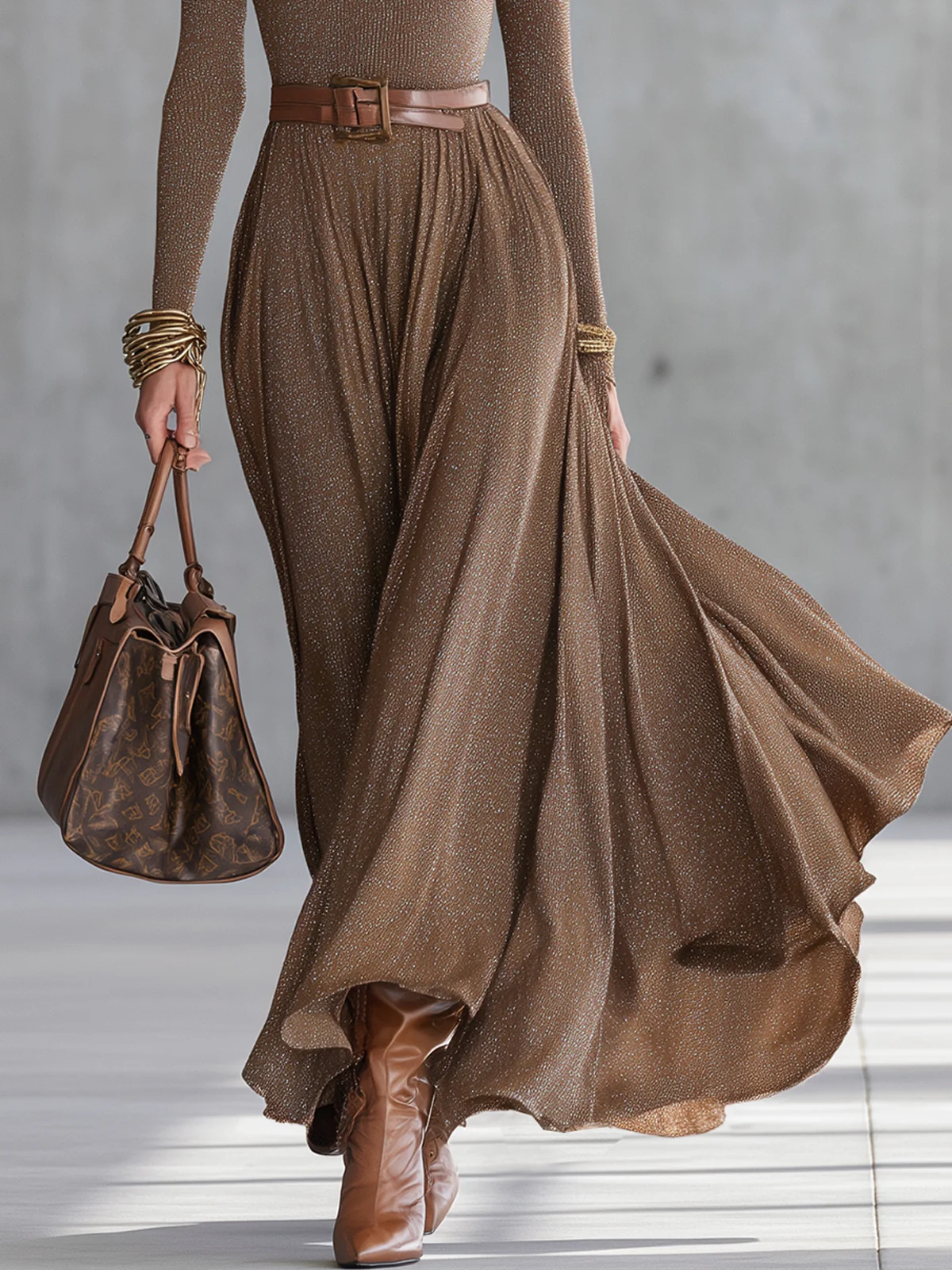 Brown Cutout Turtleneck Maxi Dress With Metallic Sheen