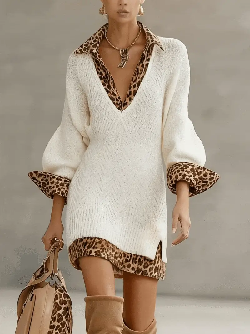 White Knitted Denim Patchwork Long Sleeve Mini Dress