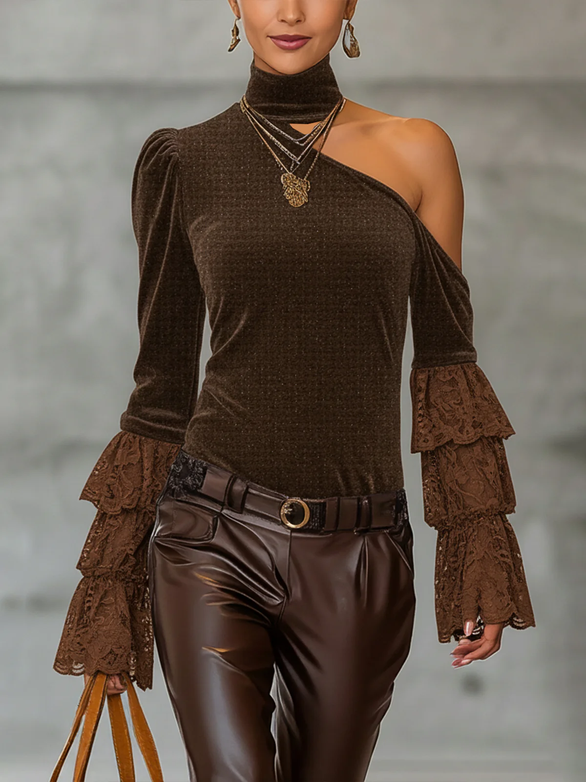 Brown One-Shoulder Velvet Top With Lace Tiered Sleeves