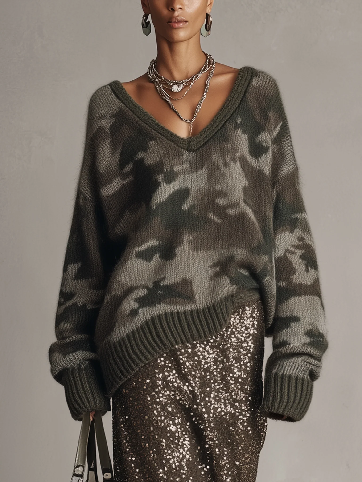Green Knit V-Neck Camo Long Sleeve Sweater