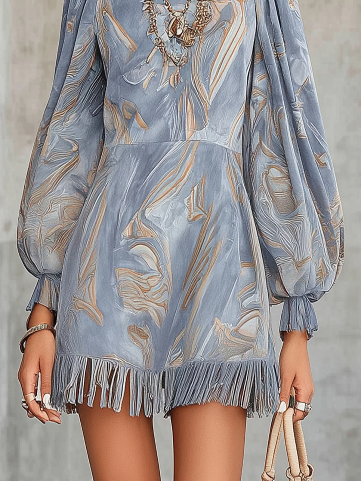 Marbled Blue High-Neck Long Sleeve Faux Suede Mini Dress With Fringe Hem