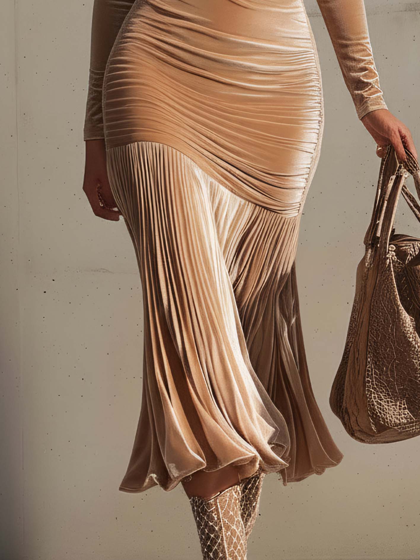 Champagne Velvet Ruched Bodycon Dress With 3D Flower