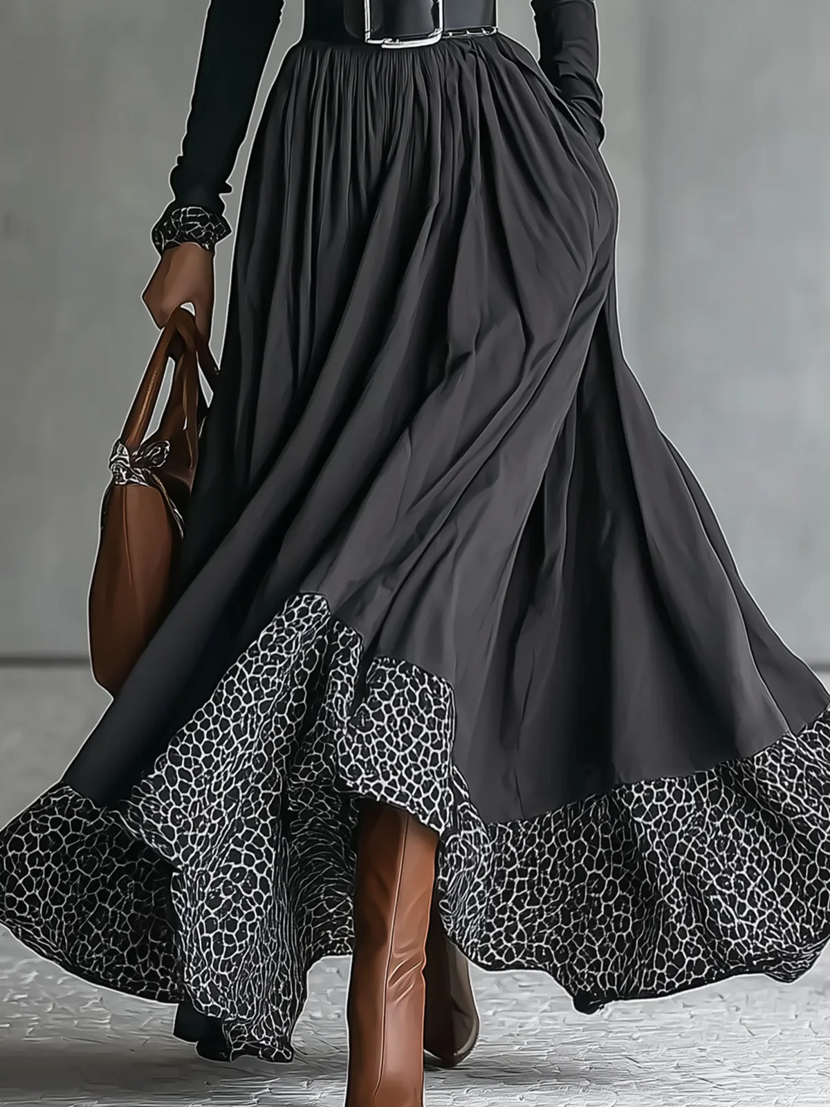 Black One-Shoulder Turtleneck Belted Maxi Dress With Leopard Print Hem