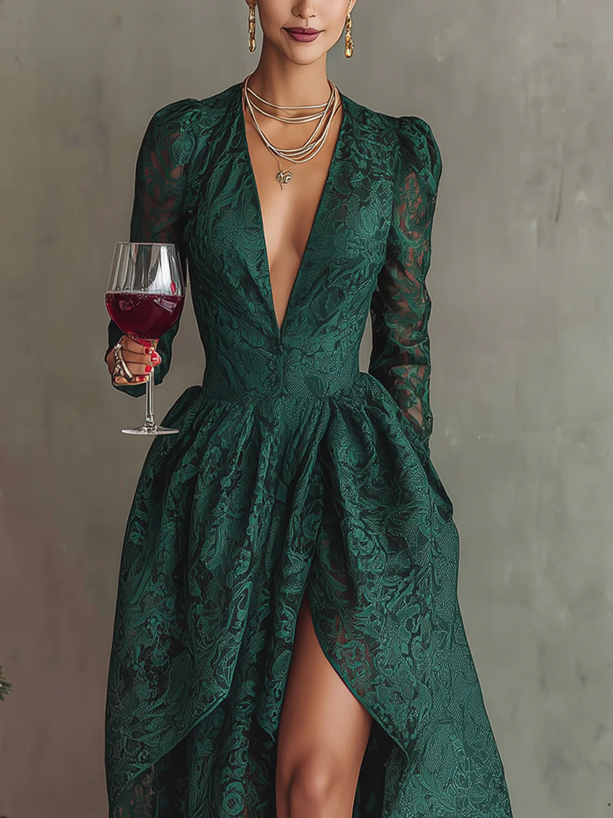 Green Lace High-Low Evening Dress With Plunging Neckline