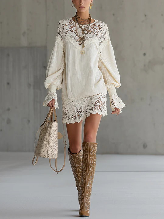 Ivory Mini Dress With Balloon Sleeves And Lace Hem Detailing