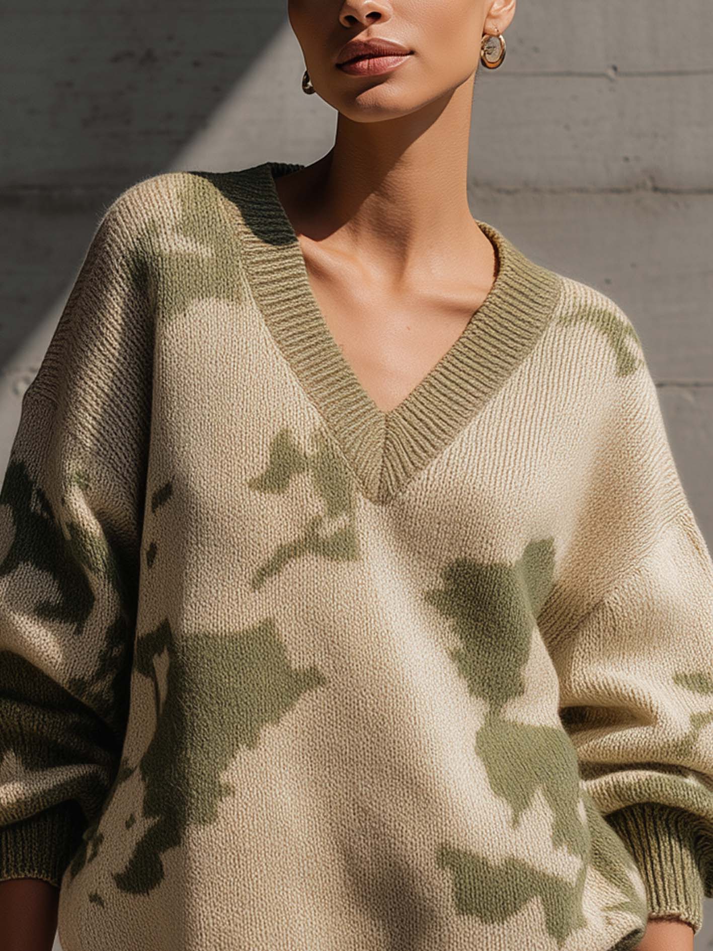 Khaki Green Camo Print V-Neck Oversized Knit Sweater