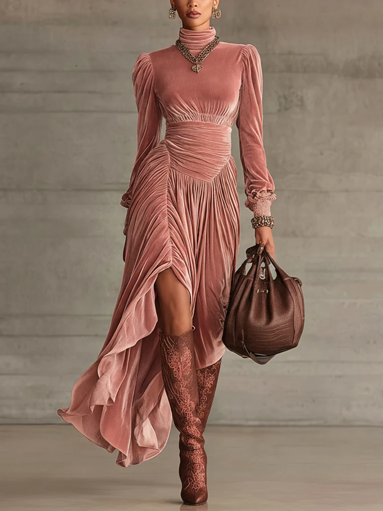 Pink Velvet Ruched Asymmetric Hem Long Sleeve Maxi Dress