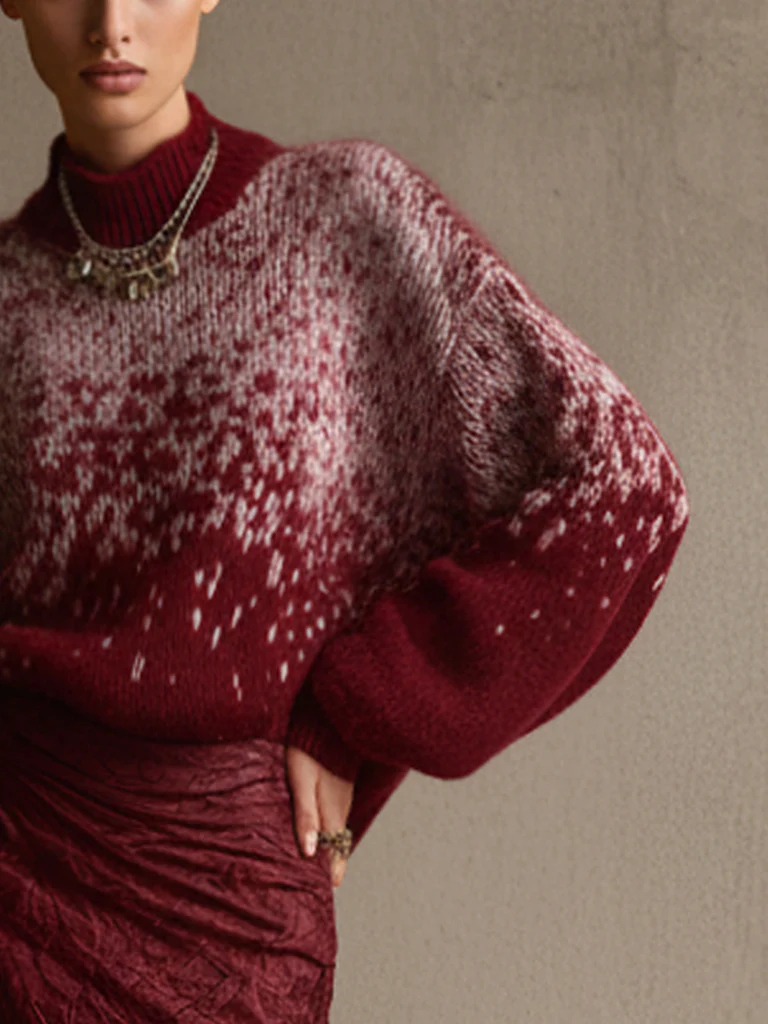 Red Christmas Gradient Mohair Knit Long Sleeve Sweater