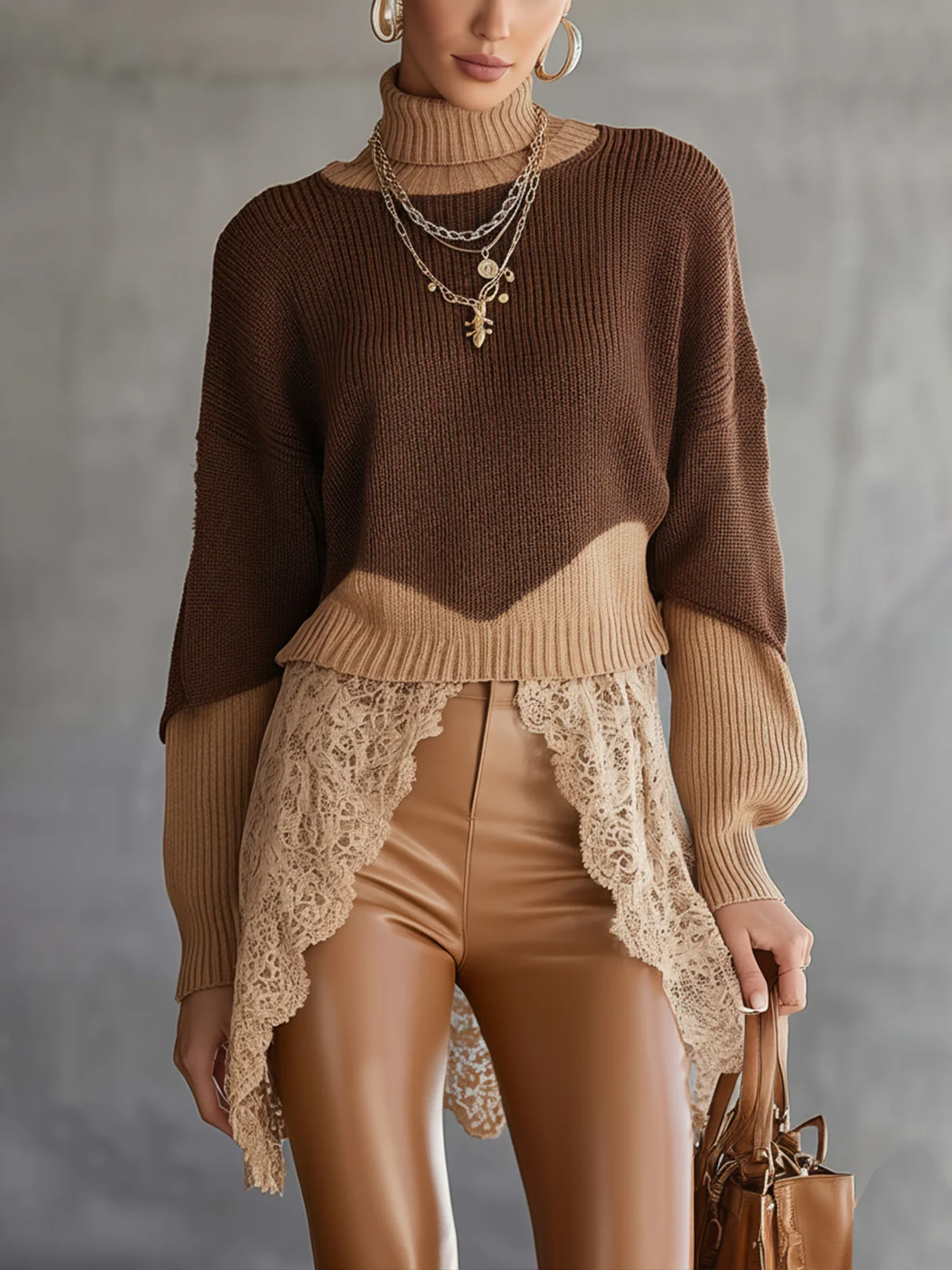 Brown Colorblock Knit Lace Patchwork Asymmetrical Hem Sweater