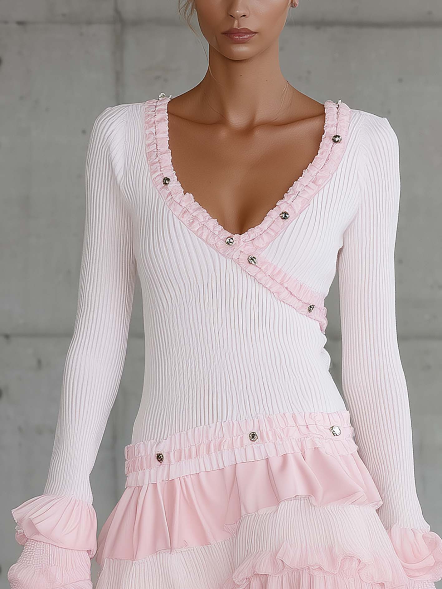 Light Pink Knit Mini Dress With Ribbon Trim And Ruffle Hem