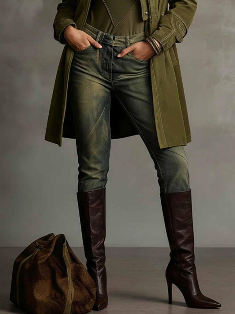 Green Suede Ruffle Collar Midi Coat