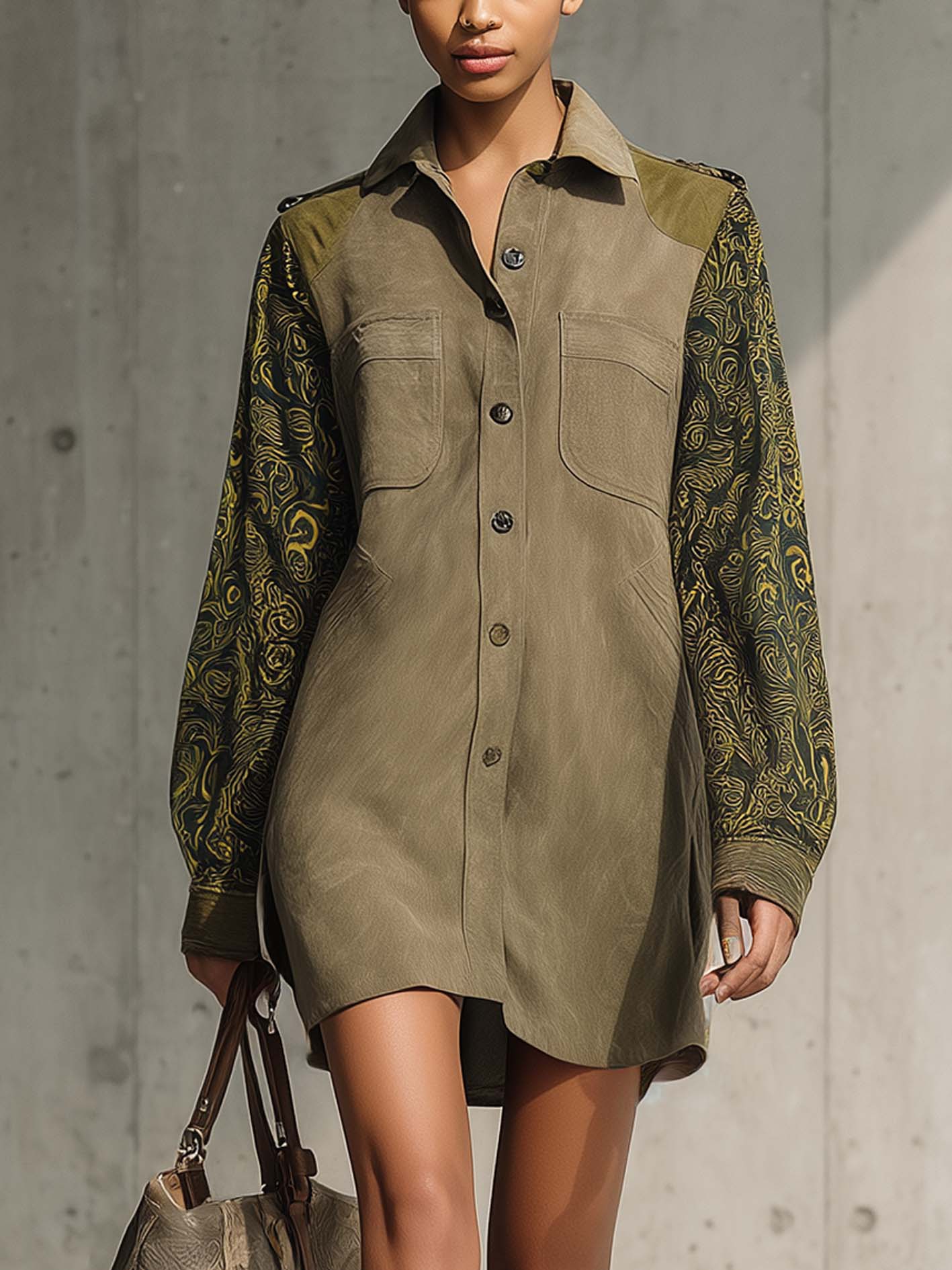 Olive Green Faux Suede Mini Shirt Dress With Vintage Print