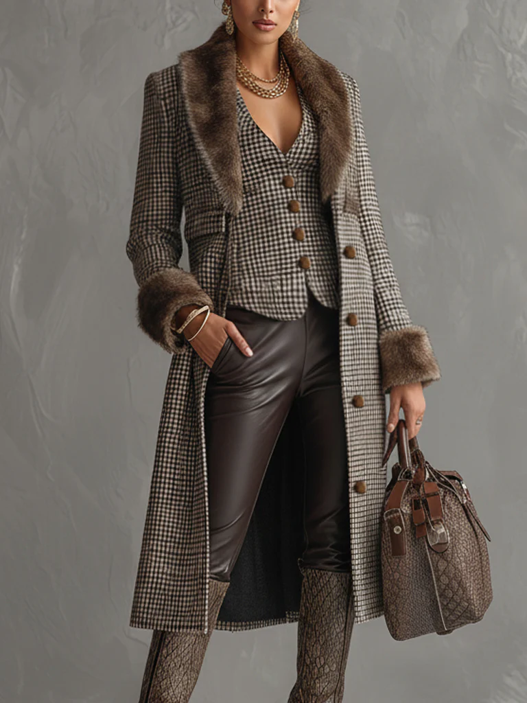 Brown Check Wool Blend Coat With Fur Collar