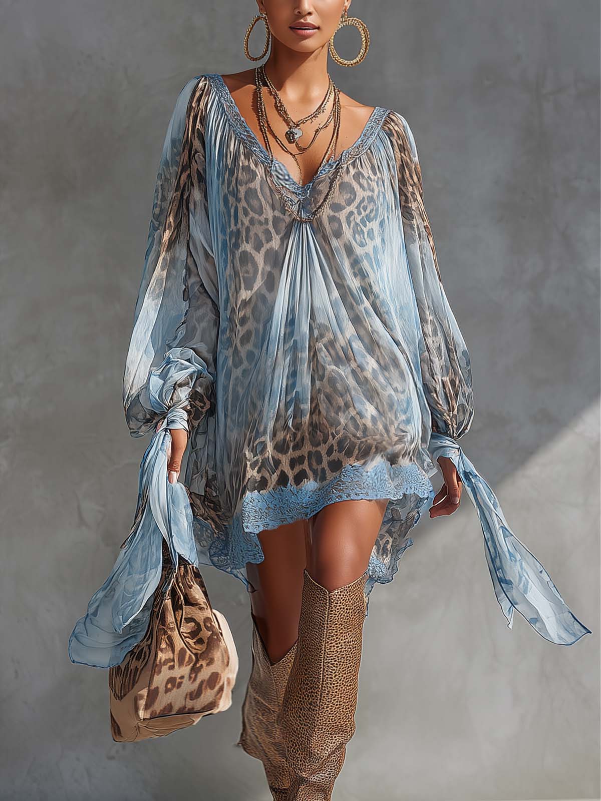 Blue Chiffon Double Layer V-neck Leopard Print Lace Up Mini Dress