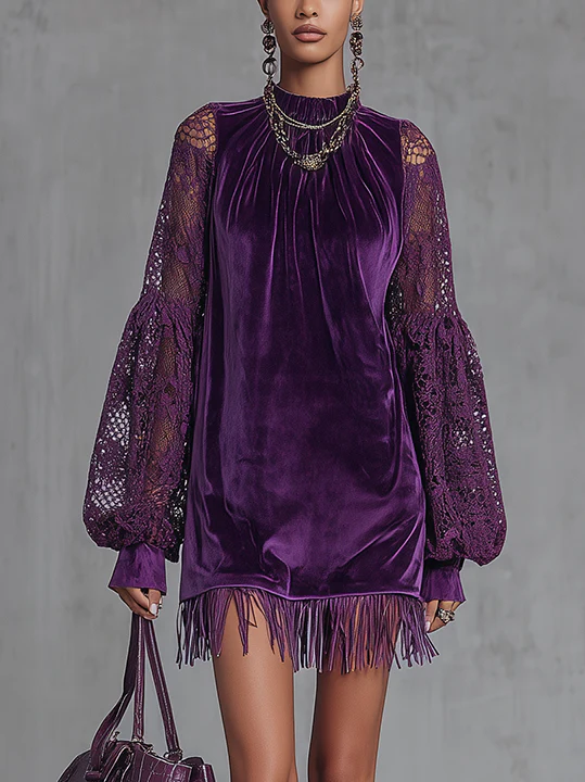 Purple Velvet Mini Dress With Lace Balloon Sleeves And Fringe Hem