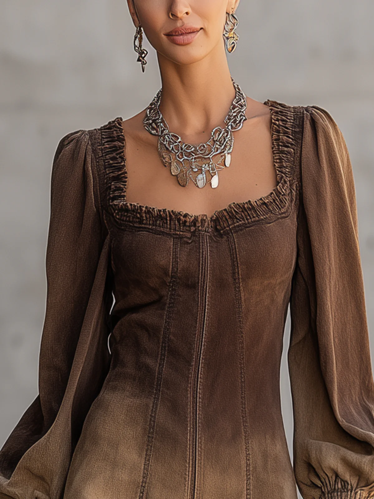 Ombre Brown Puff Sleeve Denim Mini Dress