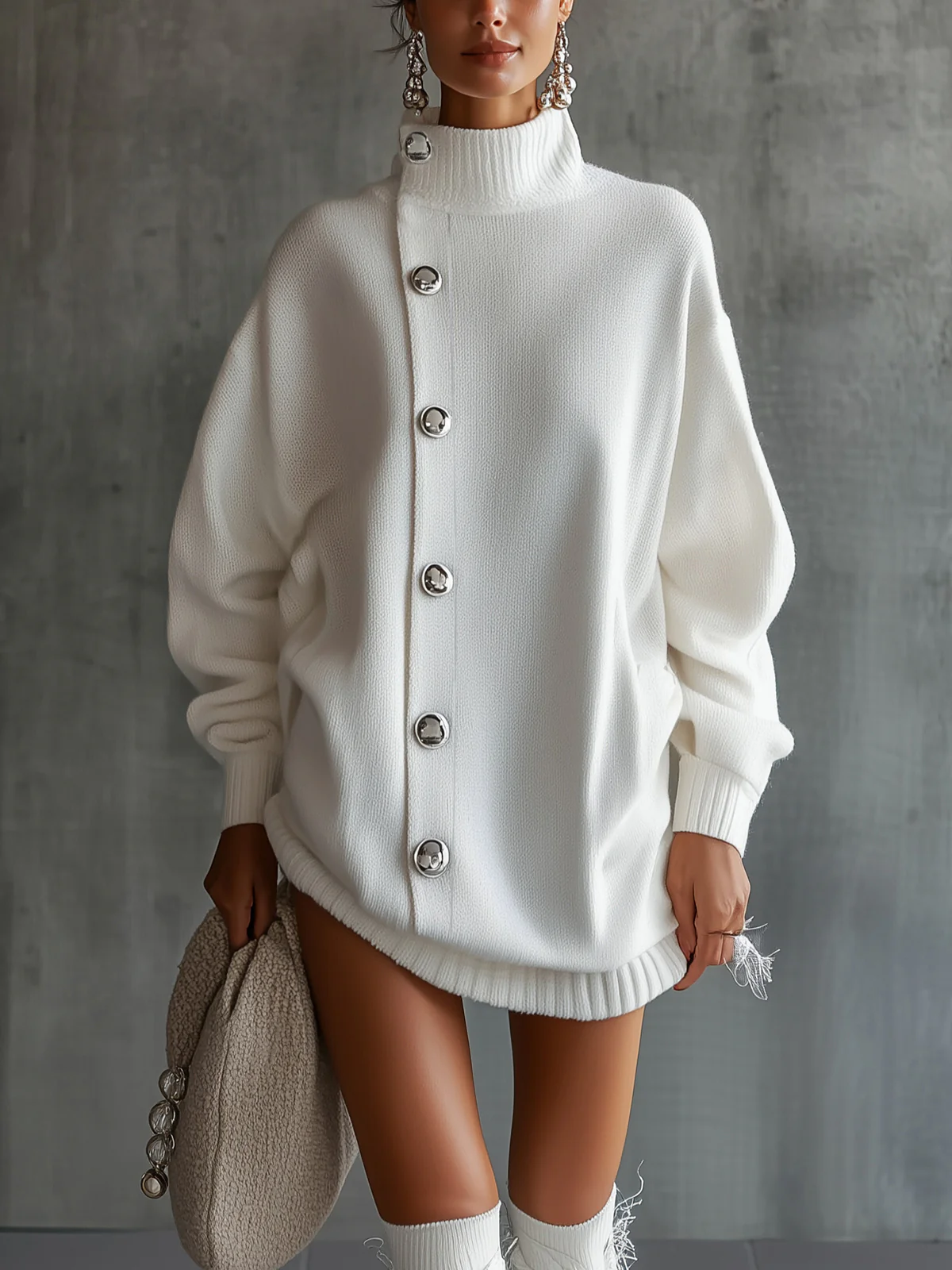 White Oversized Buttoned Turtleneck Sweater Dress