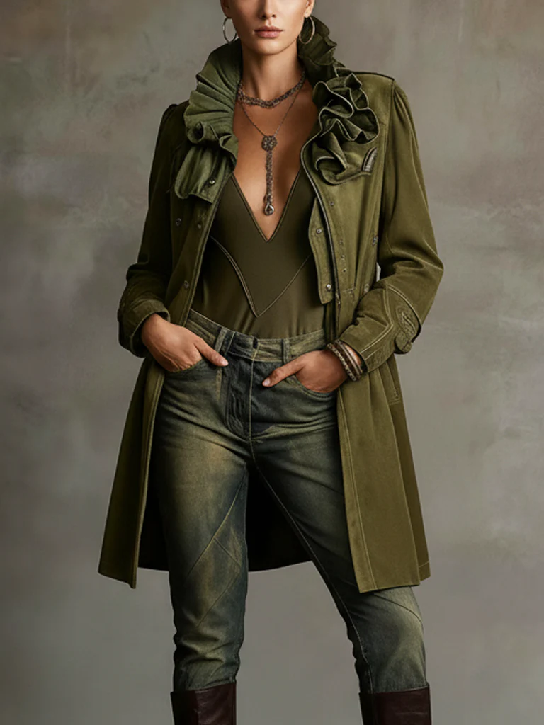 Green Suede Ruffle Collar Midi Coat