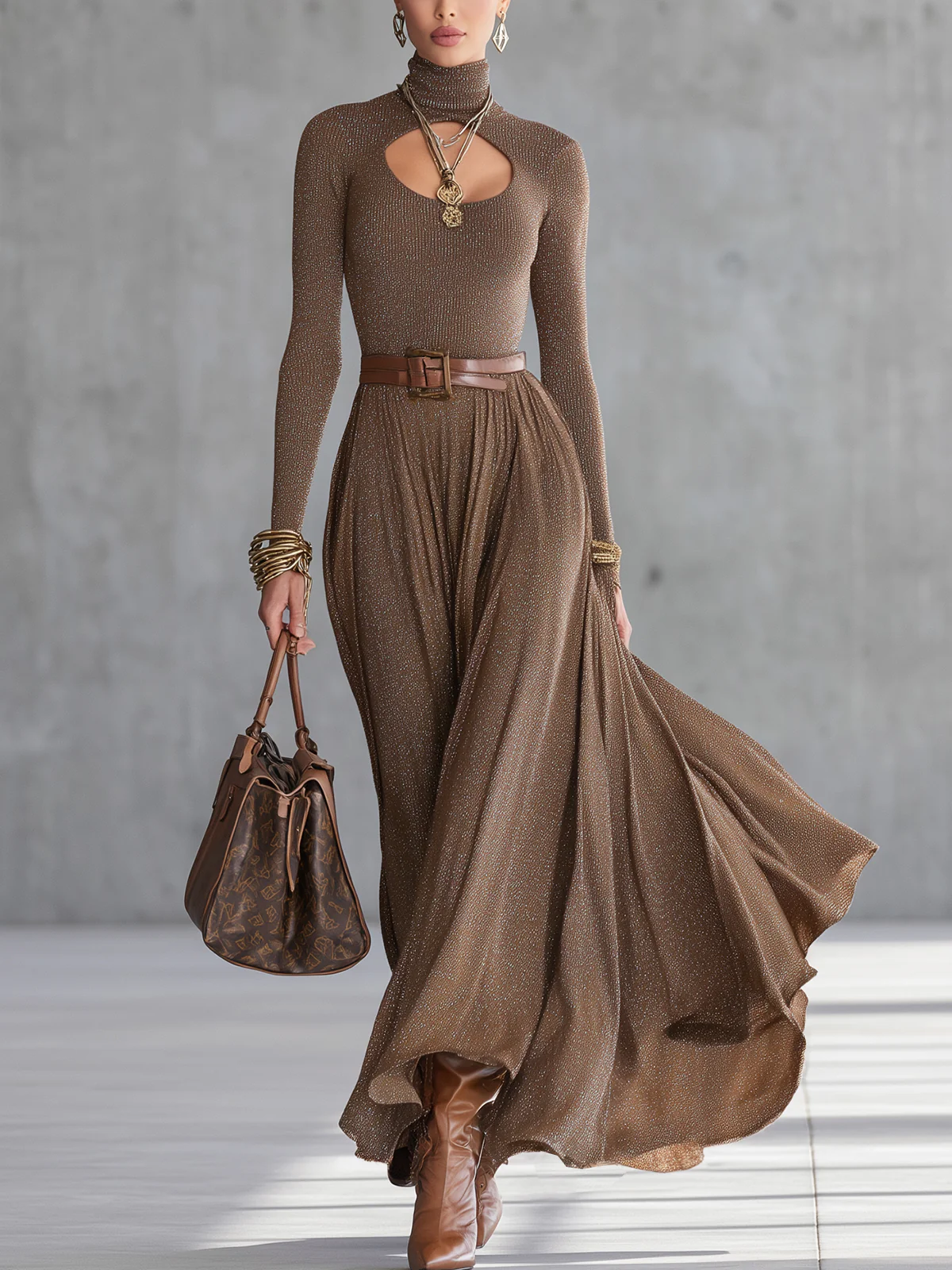 Brown Cutout Turtleneck Maxi Dress With Metallic Sheen
