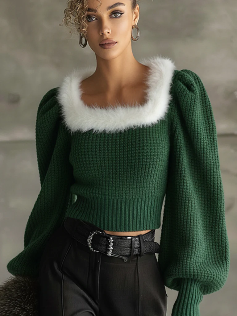 Green Festive Knit Lantern Sleeve Top
