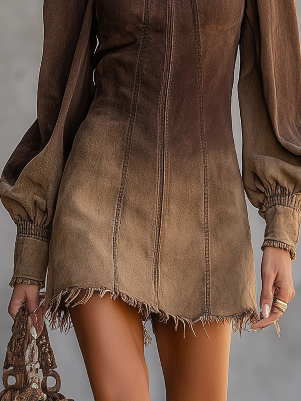 Ombre Brown Puff Sleeve Denim Mini Dress