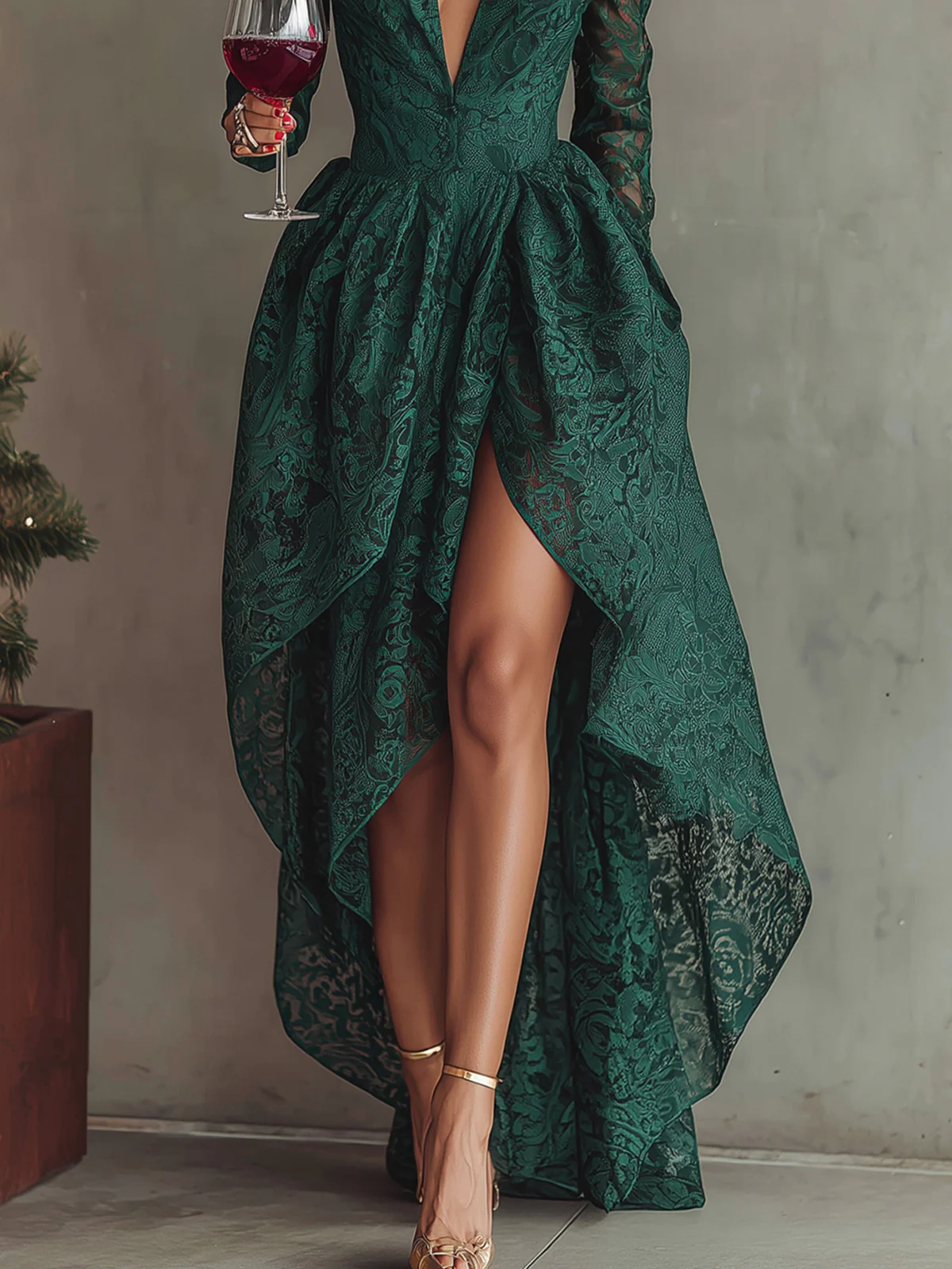 Green Lace High-Low Evening Dress With Plunging Neckline
