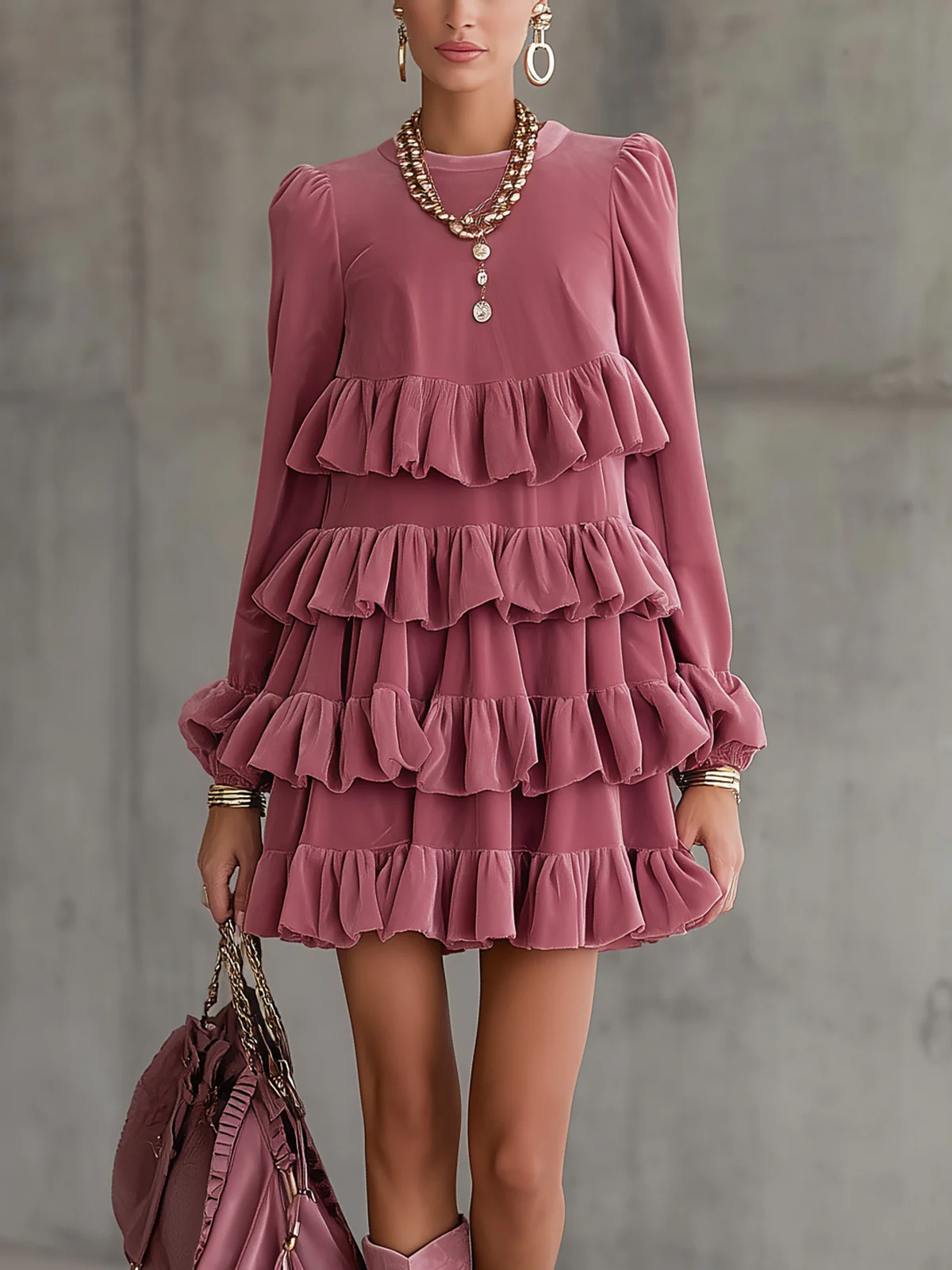 Rose Tiered Ruffle Velvet Mini Dress With Long Sleeves