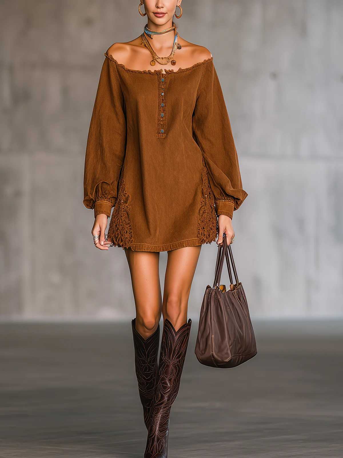 Brown Off-Shoulder Denim Fringe Lace Mini Dress