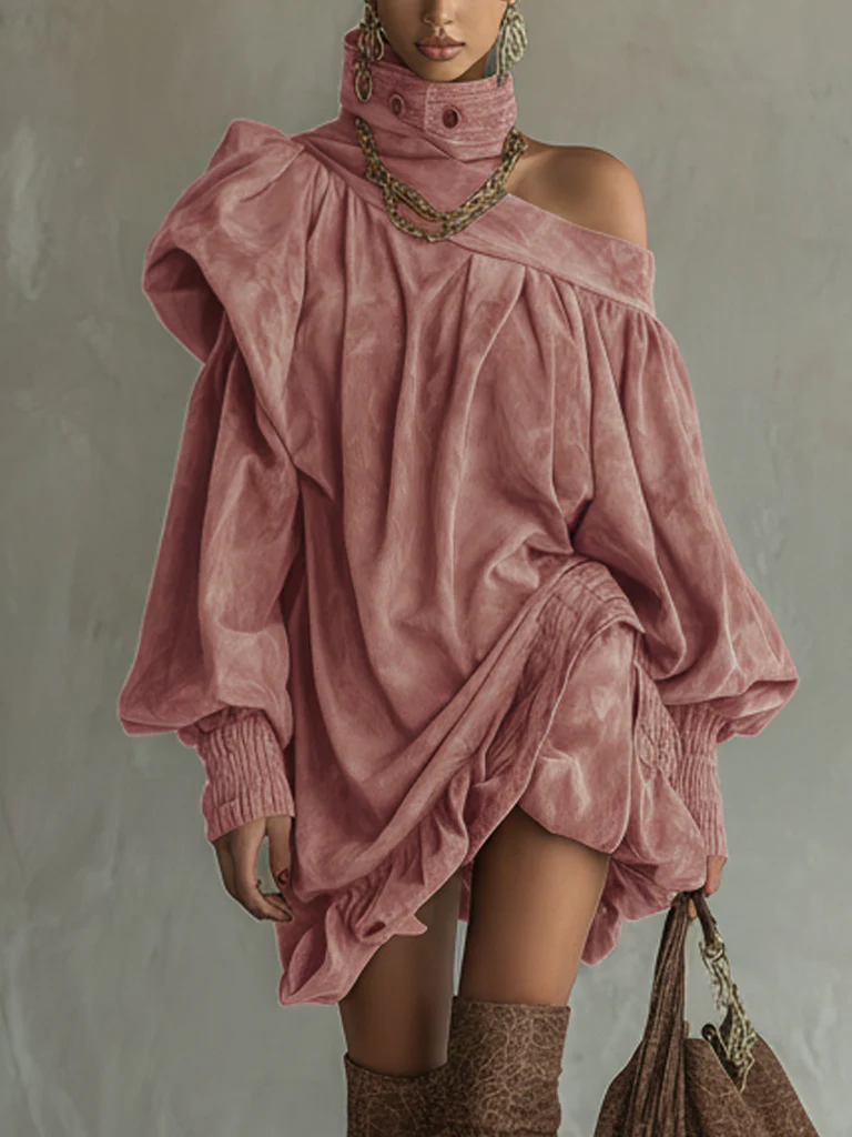 Vintage Pink Suede Off Shoulder Long Sleeve Mini Dress