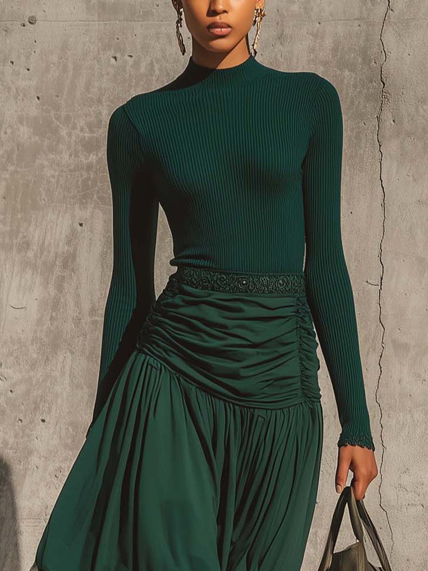 Elegant Dark Green Knitted And Chiffon Bubble Skirt Two-Piece Set