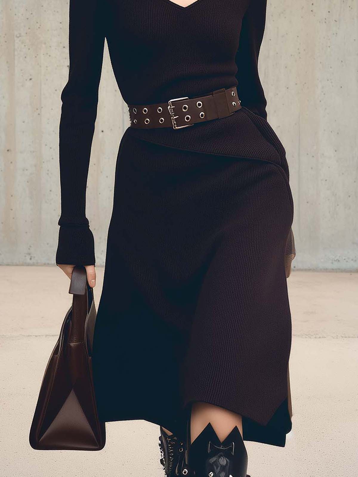 Black Stretch Knit Openwork Long-sleeved Two-piece Dress