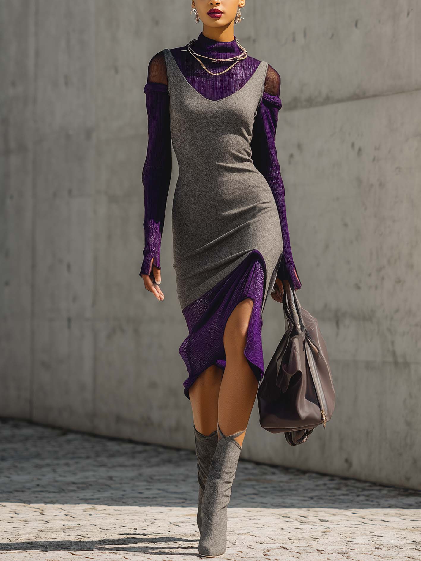 Gray Knit Bodycon Dress  With Purple Shimmer Layered Design Two-Piece Set