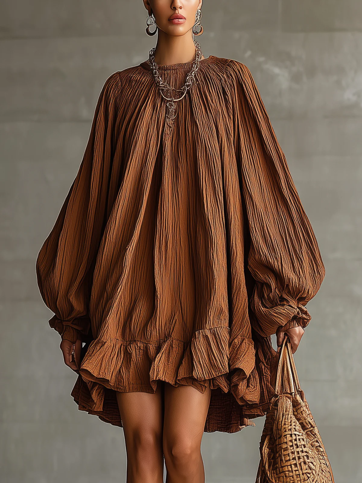 Brown Crinkled Mini Dress With Voluminous Sleeves