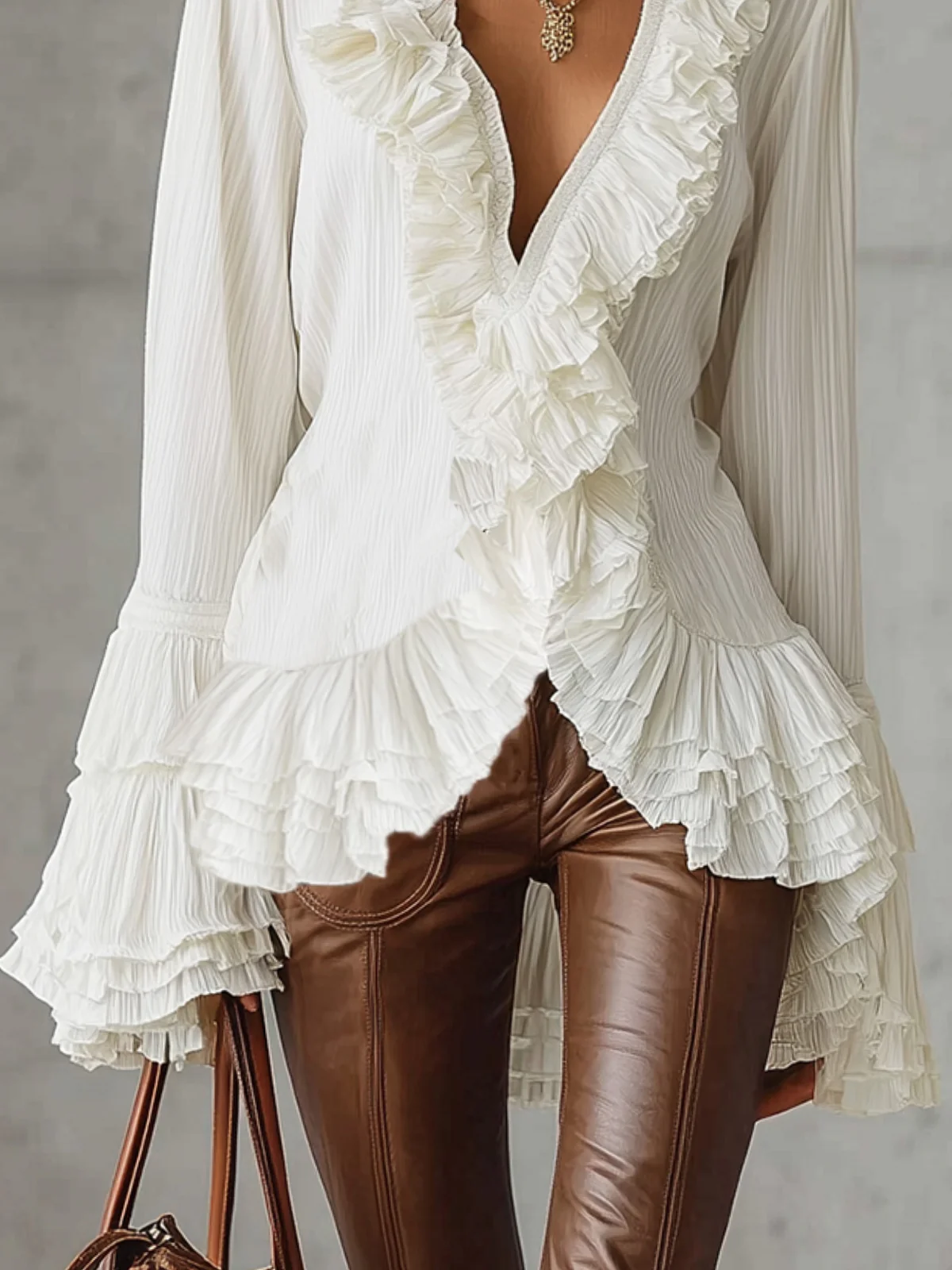 White Ruffled Blouse With Pleated Details And Flared Sleeves