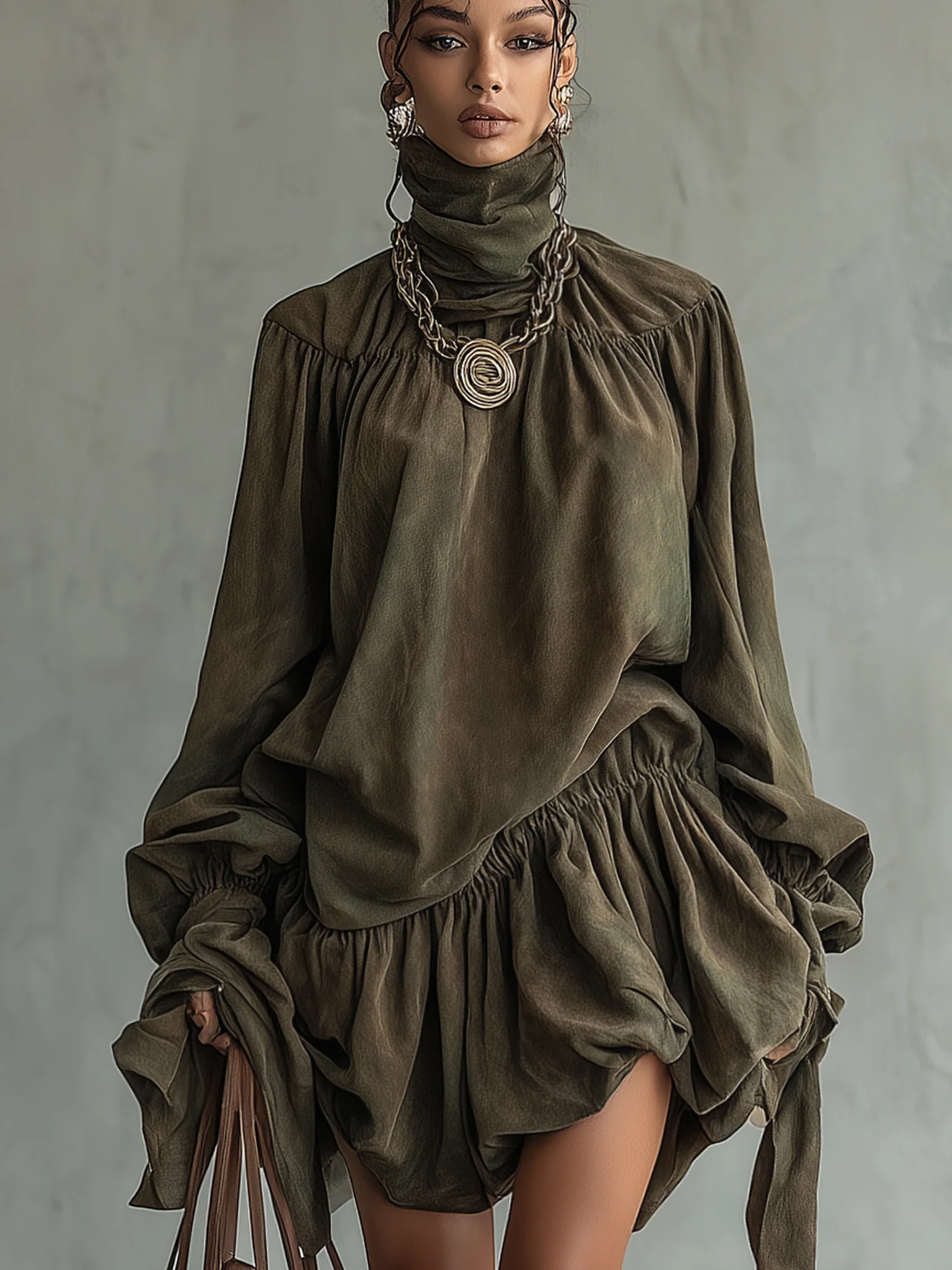 Green Washed Suede High Neck Lantern Sleeve Dress