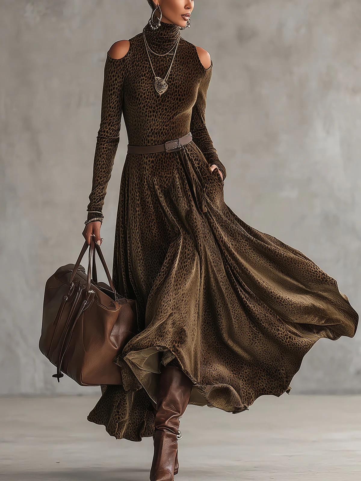 Brown Leopard Print Cold-Shoulder High Neck Belted Velvet Maxi Dress