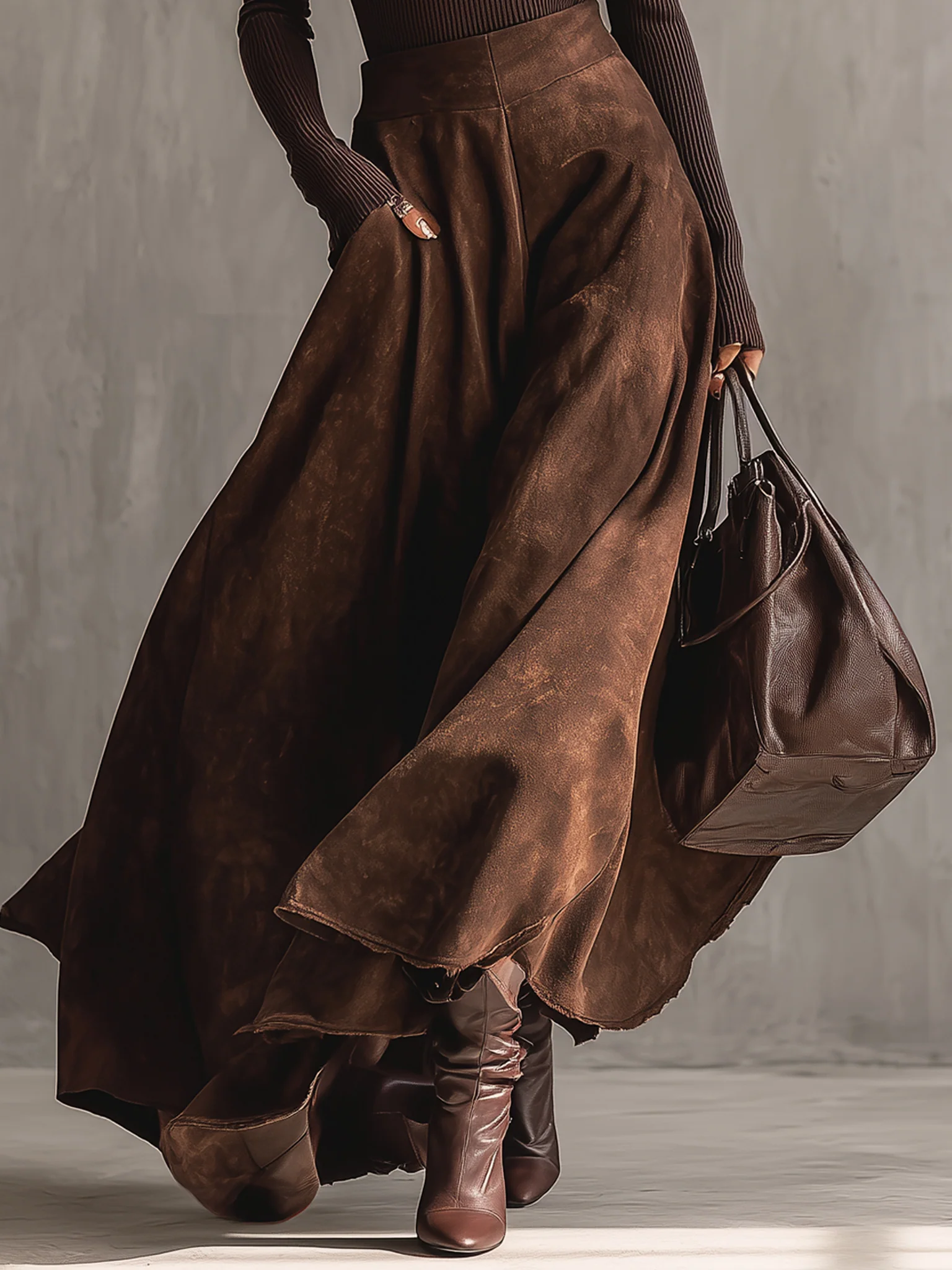 Coffee Knit Distressed Suede Midi Skirt Set