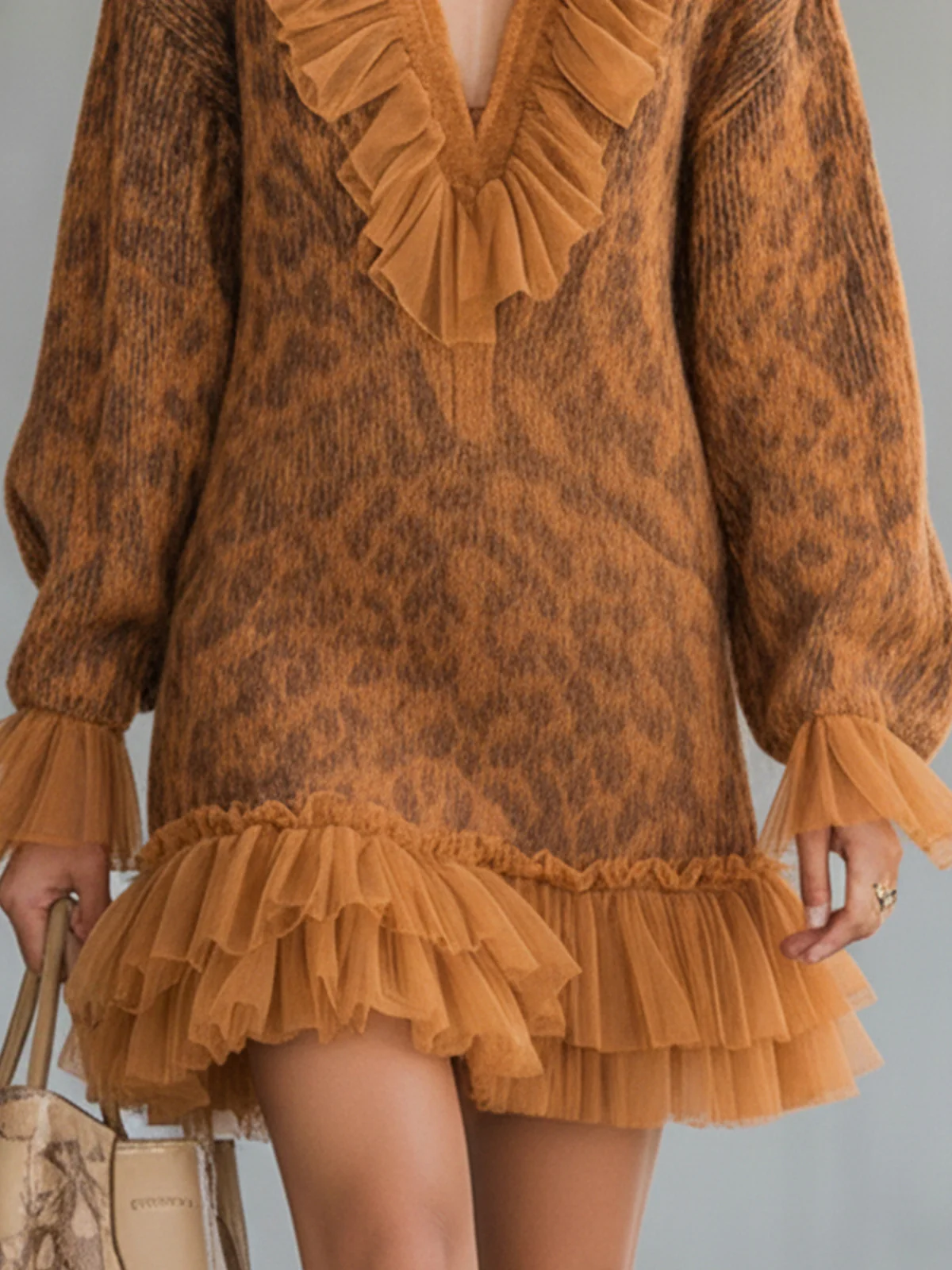 Orange Leopard Knit Mini Dress With Tulle Ruffle Trim