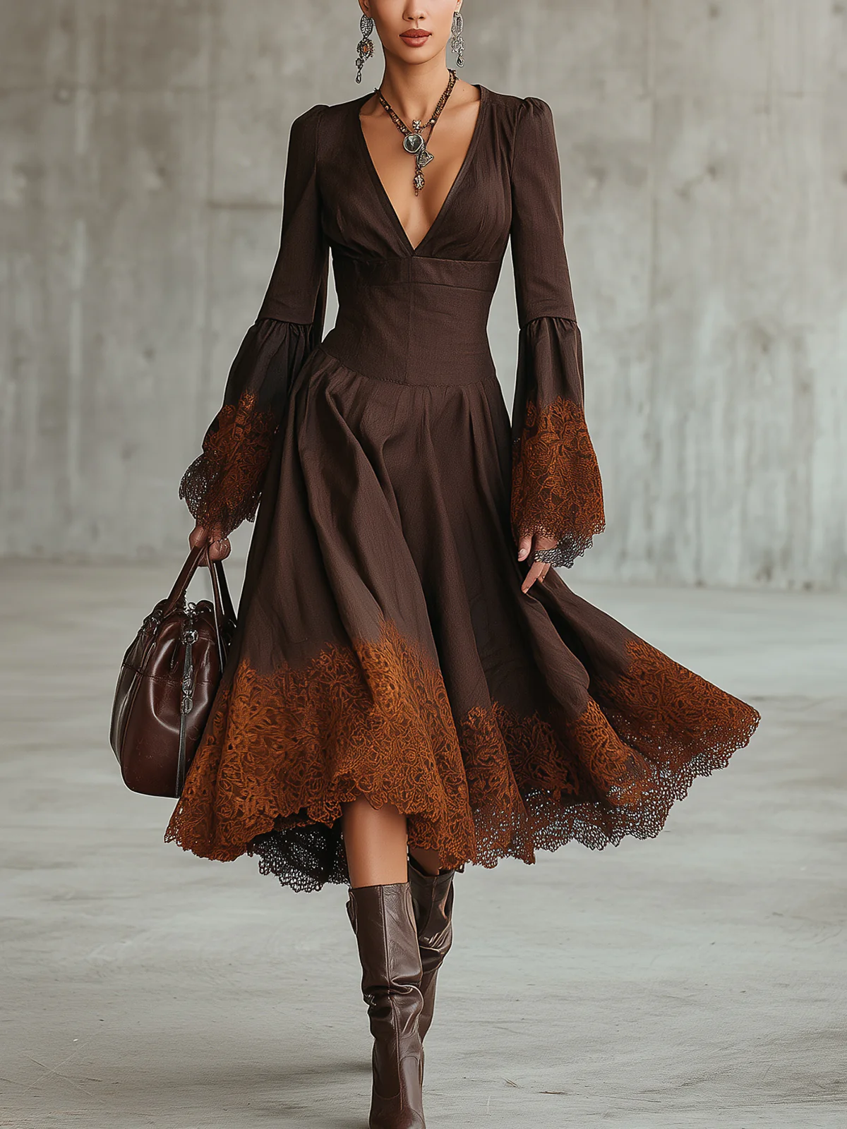 Brown Lace Trim Flared Midi Dress With Deep V Neck And Bell Sleeves