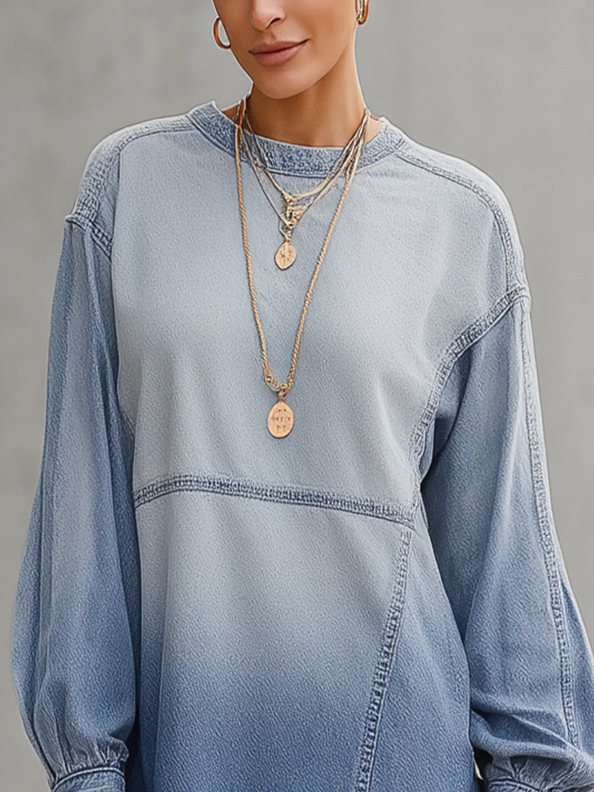 Light Blue Ombre Denim Long Sleeve Mini Dress