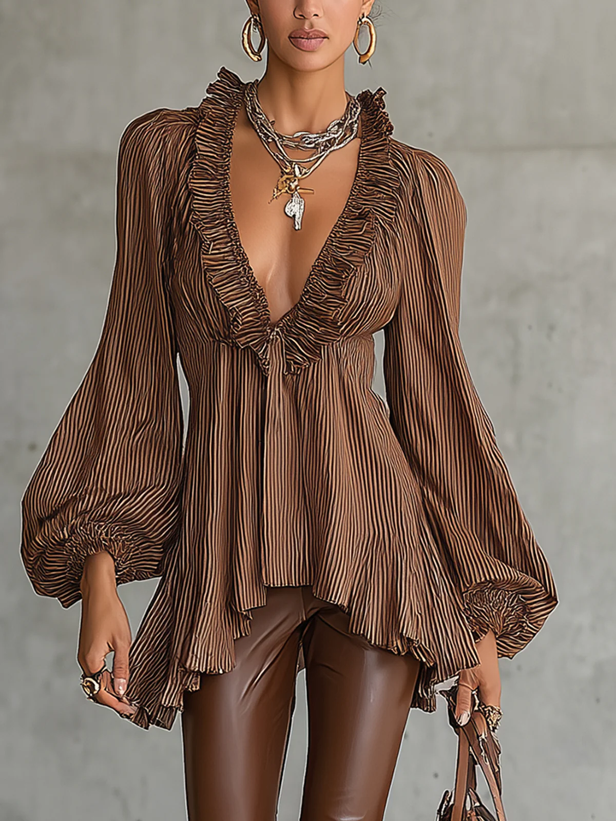 Brown Pleated Ruffle Blouse With Deep V-Neck And Flared Hem