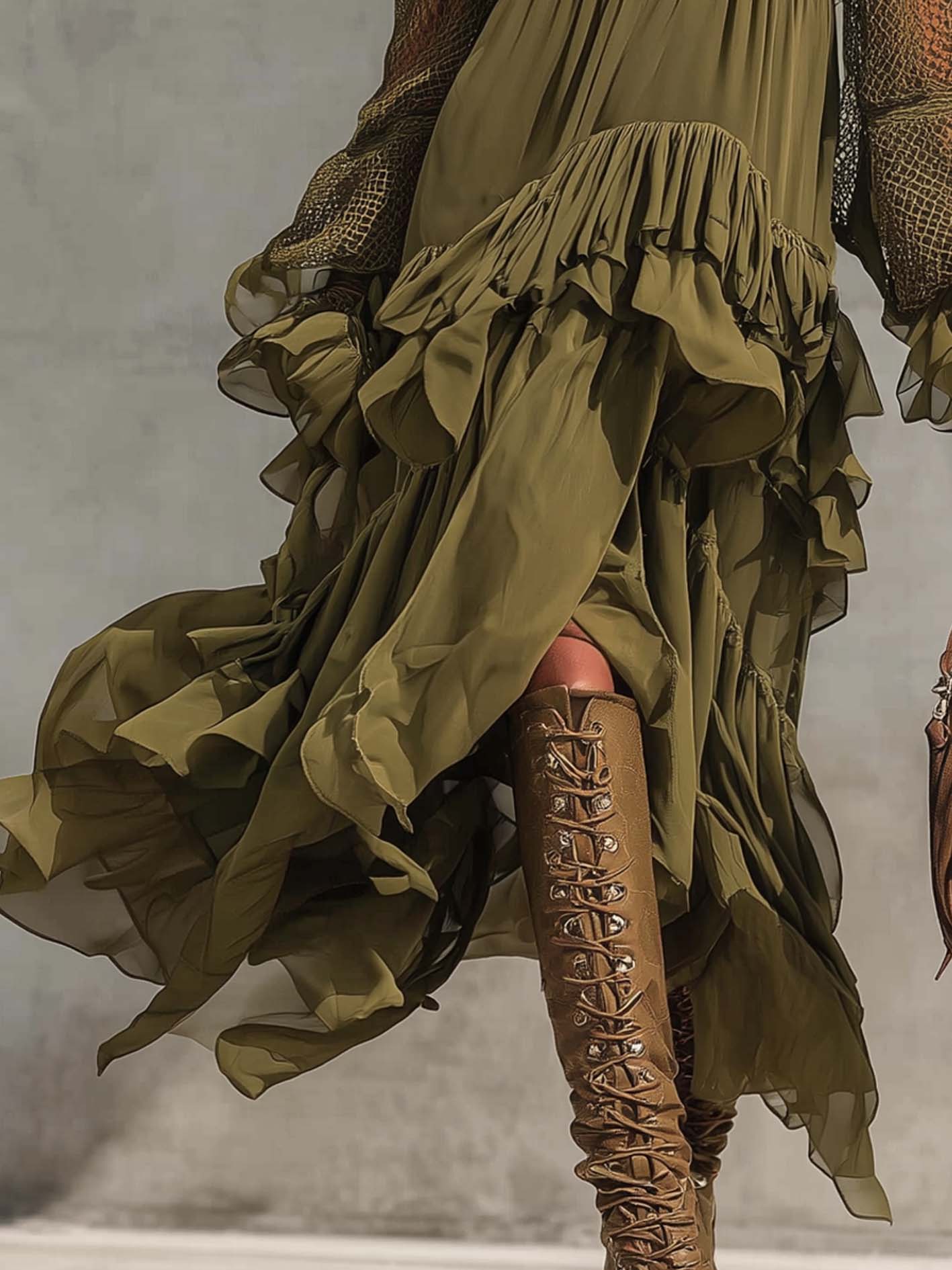 Olive Green Chiffon Mesh Sleeve Ruffled Asymmetrical Hem Midi Dress