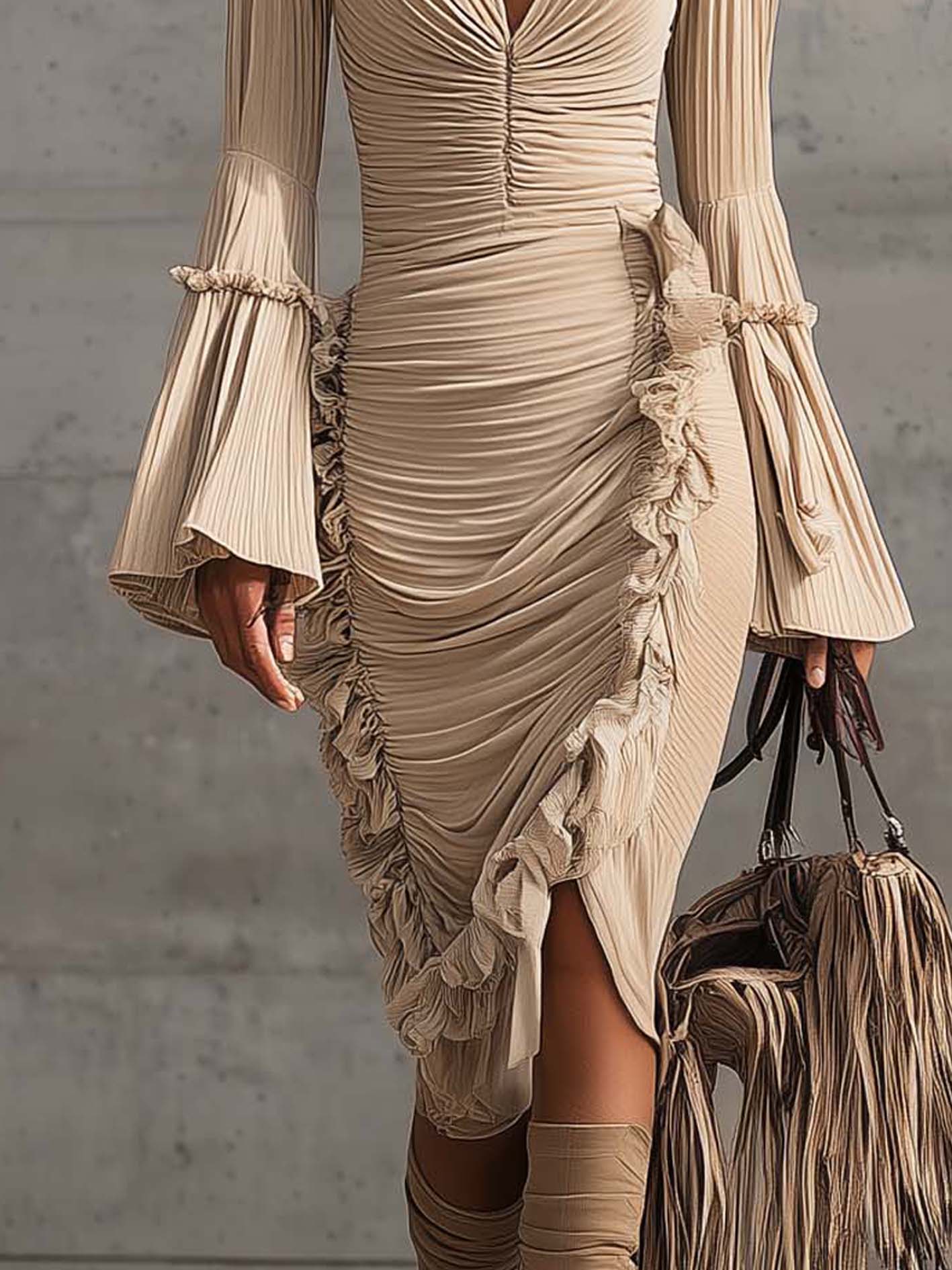 Beige Velvet Pleated Ruffle Bodycon Dress