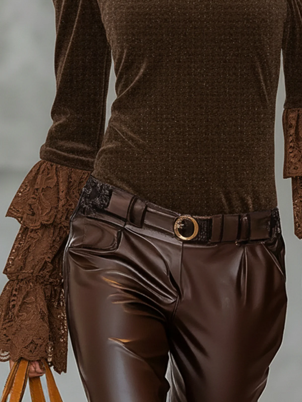 Brown One-Shoulder Velvet Top With Lace Tiered Sleeves