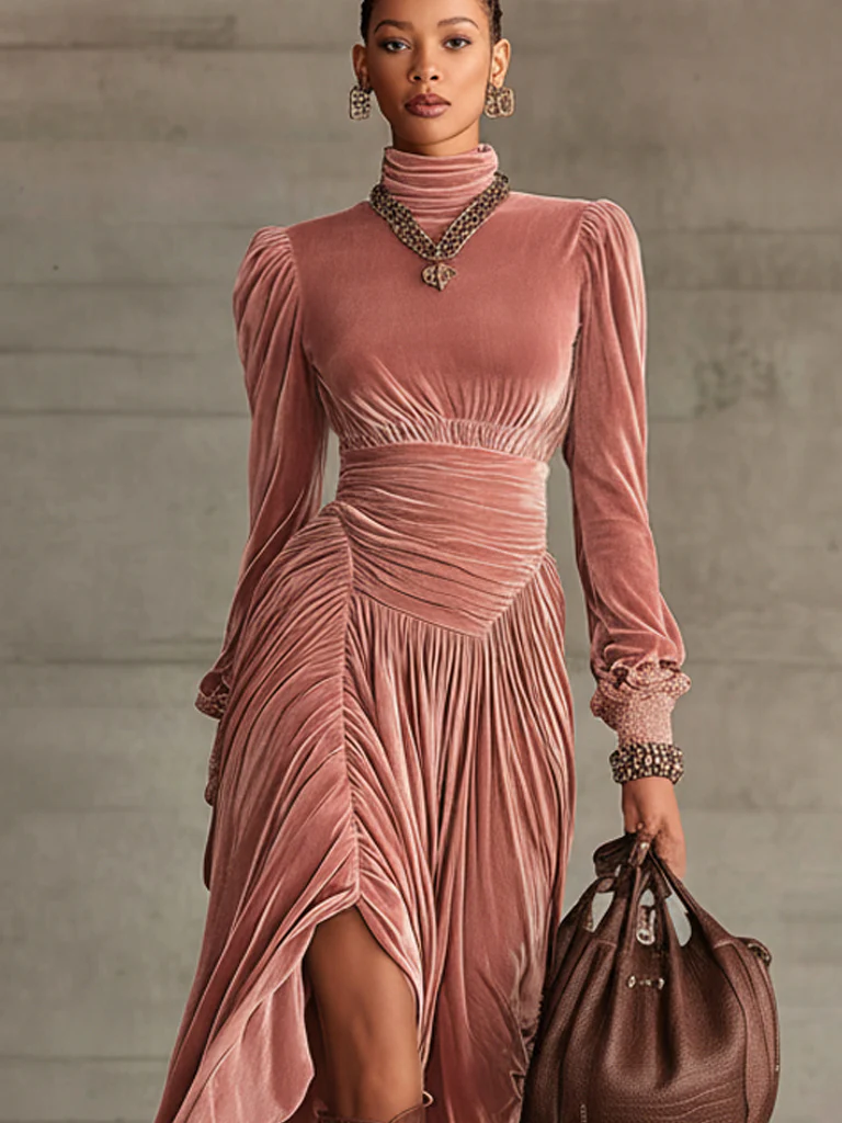 Pink Velvet Ruched Asymmetric Hem Long Sleeve Maxi Dress