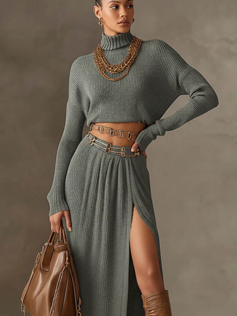 Blue Knit Turtleneck Long Sleeve Top With Fringe Slit Skirt Set